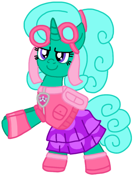 Size: 712x934 | Tagged: safe, artist:徐詩珮, derpibooru import, glitter drops, pony, unicorn, series:sprglitemplight diary, series:sprglitemplight life jacket days, series:springshadowdrops diary, series:springshadowdrops life jacket days, alternate hairstyle, alternate universe, clothes, cute, female, glitterbetes, i can't believe it's not ejlightning007arts, image, mare, paw patrol, png, simple background, skye (paw patrol), transparent background