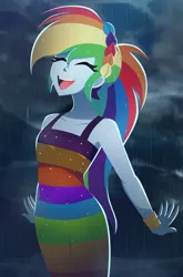 Size: 2160x3264 | Tagged: safe, artist:xan-gelx, derpibooru import, rainbow dash, equestria girls, equestria girls series, spring breakdown, spoiler:eqg series (season 2), beautiful, braid, clothes, commission, commissioner:ajnrules, cruise outfit, cute, dashabetes, dress, eyes closed, female, happy, high res, image, jpeg, open mouth, ponytail, rain, rainbow dash always dresses in style, sleeveless, sleeveless dress, smiling, solo, stormcloud, wet clothes, wet dress
