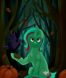 Size: 2248x2632 | Tagged: artist needed, safe, derpibooru import, oc, oc:figure eight, unofficial characters only, bird, pony, raven (bird), unicorn, female, image, mare, png, pumpkin, solo, yellow eyes