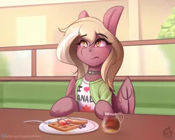 Size: 1699x1353 | Tagged: suggestive, artist:sugarlesspaints, derpibooru import, oc, oc:copper crescendo, unofficial characters only, pegasus, pony, canada, choker, clothes, female, food, fruit, herbivore, image, implied anal, implied sex, maple syrup, mare, png, shirt, sitting, solo, syrup, this will end in anal, waffle