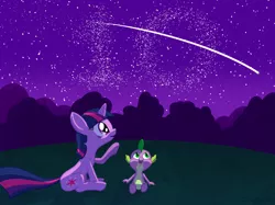 Size: 2732x2048 | Tagged: safe, artist:infinitydash, derpibooru import, spike, twilight sparkle, dragon, pony, unicorn, cute, field, happy birthday mlp:fim, image, mlp fim's tenth anniversary, mountain, night, png, shooting star, spikabetes, stars, twiabetes, unicorn twilight