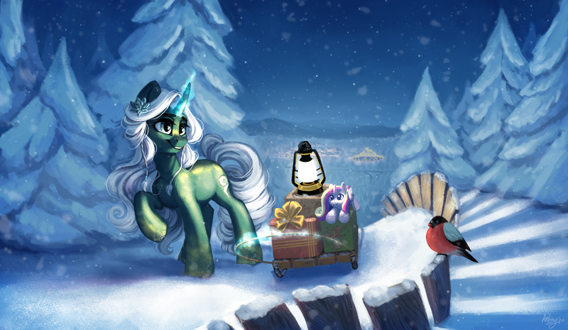 Size: 5066x2946 | Tagged: safe, artist:amishy, derpibooru import, princess cadance, oc, bird, pony, unicorn, bullfinch, fence, image, lantern, night, plushie, png, present, scenery, sled, snow, snowfall, solo, tree