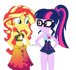Size: 1709x1576 | Tagged: safe, artist:jcpreactyt, derpibooru import, sci-twi, sunset shimmer, twilight sparkle, equestria girls, equestria girls series, forgotten friendship, beach, bikini, close-up, clothes, couple, duo, duo female, female, geode of empathy, geode of fauna, geode of shielding, geode of sugar bombs, geode of super speed, geode of super strength, geode of telekinesis, image, lesbian, magical geodes, png, sarong, sci-twi swimsuit, scitwishimmer, shipping, simple background, sleeveless, sunlight, sunsetsparkle, swimsuit, together, towel, transparent background, vector