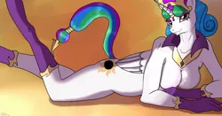 Size: 1280x671 | Tagged: suggestive, artist:jimfoxx, derpibooru import, idw, princess celestia, alicorn, anthro, unguligrade anthro, ass, bedroom eyes, breasts, butt, clothes, collar, crown, cutie mark, digital art, evil celestia, featureless breasts, female, gloves, horn, image, jewelry, jpeg, long gloves, looking at you, lying down, pose, regalia, simple background, smiling, socks, solo, solo female, stockings, sunbutt, tail, thigh highs, wings