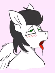 Size: 1763x2312 | Tagged: suggestive, artist:d_artz, derpibooru import, oc, oc:skysprinter, unofficial characters only, pegasus, pony, ahegao, blushing, bust, drool, folded wings, image, male, open mouth, pegasus oc, pink background, png, salivating, signature, simple background, solo, solo male, stallion, tongue out, wings