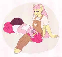 Size: 3900x3600 | Tagged: safe, artist:hahyh, derpibooru import, fluttershy, pinkie pie, anthro, earth pony, pegasus, unguligrade anthro, beanbrows, clothes, eyebrows, female, flutterpie, image, lesbian, overalls, png, shipping