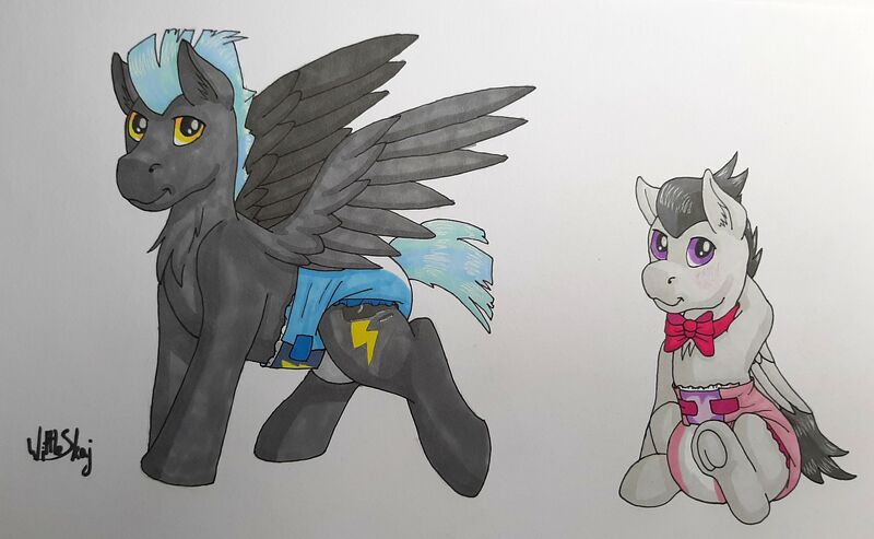 Size: 3660x2257 | Tagged: suggestive, artist:wittleskaj, derpibooru import, rumble, thunderlane, pegasus, pony, blushing, bowtie, brothers, colt, diaper, diaper fetish, fetish, foal, image, jpeg, male, promarker, siblings, stallion, traditional art