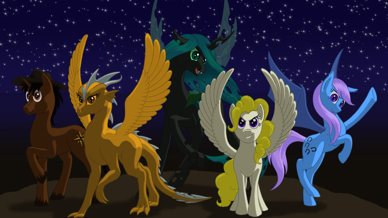 Size: 1920x1080 | Tagged: safe, alternate version, artist:nebulastar985, derpibooru import, surprise, oc, oc:clandestine, bat pony, changeling, changeling queen, dragon, earth pony, pegasus, pony, fanfic:midnight star, bat pony oc, bat wings, dragon oc, dragoness, female, image, male, mare, night, png, raised hoof, rearing, spread wings, stallion, stars, wings