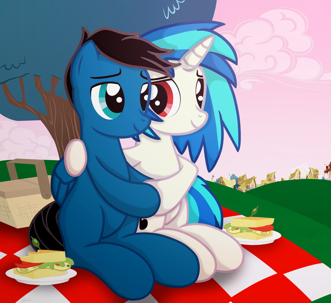 Size: 7200x6600 | Tagged: safe, artist:agkandphotomaker2000, derpibooru import, vinyl scratch, oc, oc:pony video maker, pegasus, pony, unicorn, basket, canon x oc, female, food, hill, holding hooves, image, looking at each other, male, picnic, picnic basket, picnic blanket, plate, png, ponyville, red eyes, sandwich, shipping, show accurate, sitting, straight, tree, videoscratch