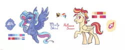 Size: 4000x1600 | Tagged: safe, artist:pidffee, derpibooru import, dumbbell, rainbow dash, oc, oc:hotwave season, oc:misty skies, pegasus, pony, bandana, cloud, coat markings, colored wings, cutie mark, dumbdash, female, fullbody, image, male, mare, multicolored mane, multicolored wings, next generation, offspring, parent:dumbbell, parent:rainbow dash, parents:dumbdash, pegasus oc, png, ponytail, reference sheet, shipping, siblings, simple background, spots, stallion, straight, white background, wings