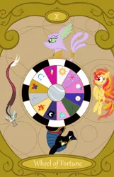 Size: 900x1400 | Tagged: safe, artist:sixes&sevens, derpibooru import, baast, discord, sunset shimmer, anubis, image, png, tarot card, wheel of fortune