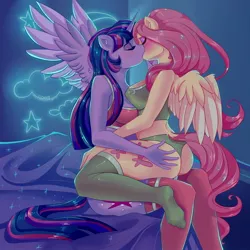 Size: 1280x1280 | Tagged: suggestive, artist:xjenn9, derpibooru import, fluttershy, twilight sparkle, alicorn, anthro, plantigrade anthro, breasts, busty fluttershy, busty twilight sparkle, butt touch, clothes, commission, commissioner:endbringer99, eyes closed, eyeshadow, female, hand on butt, image, jpeg, kissing, lesbian, makeup, shipping, socks, spread wings, stocking feet, stockings, thigh highs, twilight sparkle (alicorn), twishy, underwear, wingboner, wings