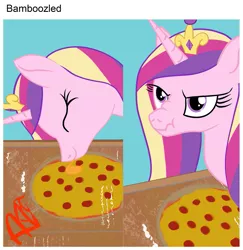 Size: 819x843 | Tagged: safe, artist:eel's stuff, derpibooru import, princess cadance, pony, bamboozled, cadance is not amused, cheese pizza, image, licking, peetzer, pizza box, png, ponified animal photo, scrunchy face, silly, silly pony, that pony sure does love pizza, tongue out, unamused