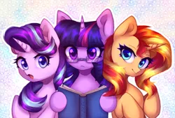 Size: 2855x1932 | Tagged: safe, artist:avrameow, derpibooru import, starlight glimmer, sunset shimmer, twilight sparkle, pony, unicorn, book, counterparts, cute, female, glasses, image, looking at you, mare, open mouth, png, trio, trio female, twilight's counterparts, unicorn twilight