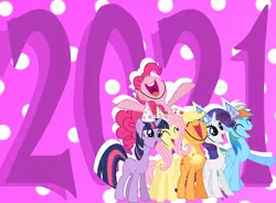 Size: 3976x2927 | Tagged: safe, derpibooru import, edit, applejack, fluttershy, pinkie pie, rainbow dash, rarity, twilight sparkle, earth pony, pegasus, pony, unicorn, 2021, eyes closed, happy, hat, image, mane six, new year, new years eve, nose in the air, open mouth, party, party hat, png, simple background, smiling, transparent background, unicorn twilight, uvula, volumetric mouth