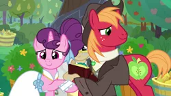 Size: 1920x1080 | Tagged: safe, derpibooru import, screencap, big macintosh, mayor mare, sugar belle, the big mac question, apple, apple tree, book, food, image, intertwined trees, pear tree, png, tree