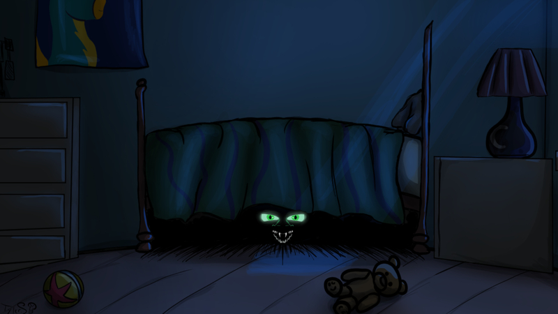 Size: 2074x1167 | Tagged: safe, artist:mixdaponies, derpibooru import, queen chrysalis, changeling, changeling queen, bed, dark room, don't let the bed bugs bite, female, glowing eyes, image, jpeg, nightmare fuel