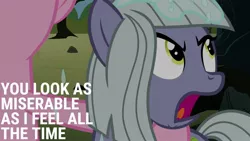 Size: 1920x1080 | Tagged: safe, derpibooru import, edit, edited screencap, editor:quoterific, screencap, limestone pie, pinkie pie, earth pony, pony, the maud couple, angry, crying, duo, female, hug, image, jpeg, limestone pie is not amused, mare, open mouth, pie sisters, siblings, sisters, sitting, unamused