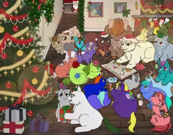 Size: 2500x1950 | Tagged: safe, artist:kerosinecannibal, derpibooru import, oc, oc:avocado, oc:beanie, oc:doctor crazystein, oc:nisc, oc:plum, oc:suzy, oc:tumbly, fluffy pony, bunny and foals, christmas, fluffy pony original art, holiday, hugbox, image, literal sadbox, nisc, png