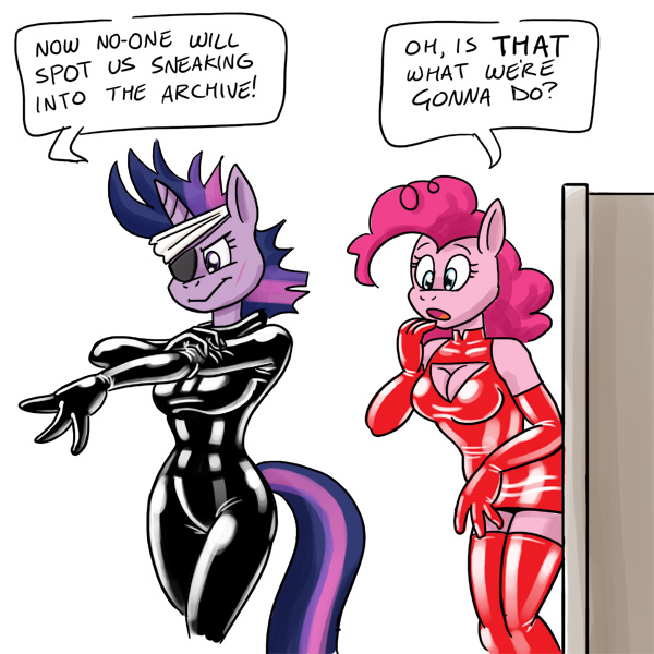 Size: 600x600 | Tagged: suggestive, artist:carelessdoodler, derpibooru import, pinkie pie, twilight sparkle, anthro, earth pony, unicorn, it's about time, alternate hairstyle, bedroom eyes, bodysuit, boob window, breasts, busty pinkie pie, busty twilight sparkle, clothes, digital art, dress, duo, duo female, eyepatch, female, future twilight, gloves, horn, image, jpeg, latex, latex suit, long gloves, simple background, socks, speech bubble, stockings, suit, tail, text, thigh highs, thighs, unicorn twilight, wide hips