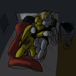 Size: 4000x4000 | Tagged: safe, artist:captainhoers, derpibooru import, oc, oc:cutting chipset, oc:dual screen, pegasus, bed, bedroom, cables, console, duo, female, image, male, night, png, sierra nevada, sleeping, snuggling