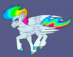 Size: 2800x2200 | Tagged: safe, artist:loryska, derpibooru import, oc, pegasus, pony, blue background, female, image, mare, parents:vinyldash, png, rainbow hooves, simple background, solo