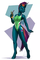 Size: 2000x3000 | Tagged: safe, artist:mykegreywolf, derpibooru import, oc, oc:midnight shadow, unofficial characters only, anthro, pony, unguligrade anthro, unicorn, abstract background, bicolor swimsuit, breasts, clothes, cutie mark, drink, eyebrows, eyelashes, female, high-cut clothing, holding, image, leg fluff, mare, one-piece swimsuit, png, solo, swimsuit
