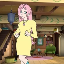 Size: 1000x1000 | Tagged: safe, artist:11_corpse_11, derpibooru import, fluttershy, human, clothes, couch, dress, female, fluttershy's cottage (interior), humanized, image, indoors, jewelry, jpeg, necklace, solo