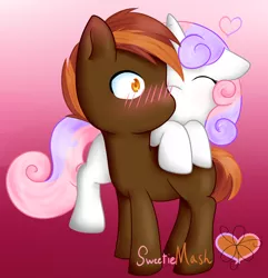 Size: 1400x1450 | Tagged: safe, artist:bl00dyroses, artist:grace-likes-cake, banned from derpibooru, deleted from derpibooru, derpibooru import, button mash, sweetie belle, earth pony, pony, unicorn, blushing, buttonbetes, colt, cute, diasweetes, eyes closed, female, filly, gradient background, heart, image, kiss on the cheek, kissing, male, png, shipping, straight, sweetiemash