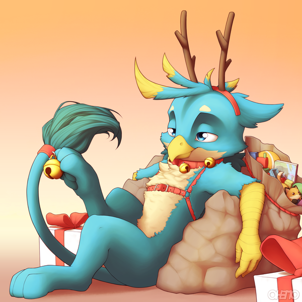 Size: 4000x4000 | Tagged: safe, artist:ohemo, derpibooru import, gallus, gryphon, absurd resolution, antlers, bell, bell collar, christmas, collar, harness, holiday, image, jingle bells, male, paws, png, present, reindeer antlers, sack, solo, tack, toy