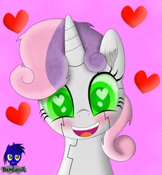 Size: 3840x4154 | Tagged: safe, alternate version, artist:damlanil, derpibooru import, sweetie belle, pony, robot, robot pony, unicorn, blushing, cute, diasweetes, female, filly, floating heart, glowing eyes, happy, heart, heart eyes, horn, image, looking at you, mare, open mouth, pink background, png, roboticization, simple background, smiling, sweetie bot, vector, weapons-grade cute, wingding eyes