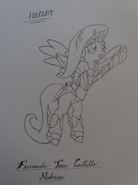 Size: 1280x1707 | Tagged: safe, artist:fernandojc-draftsman, derpibooru import, fluttershy, pegasus, pony, crossover, female, image, jpeg, lineart, mare, monochrome, pegasus seiya, rearing, saint seiya, signature, solo, traditional art