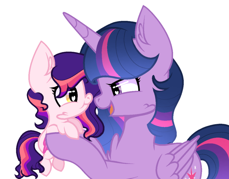 Size: 1138x891 | Tagged: safe, artist:crazyaya, artist:firegalaxysparkle, derpibooru import, twilight sparkle, twilight sparkle (alicorn), oc, oc:neutron star, alicorn, pony, baby, baby pony, base used, duo, female, holding a pony, image, looking at each other, magical lesbian spawn, mother and child, mother and daughter, offspring, parent:princess celestia, parent:twilight sparkle, parents:twilestia, png, simple background, transparent background