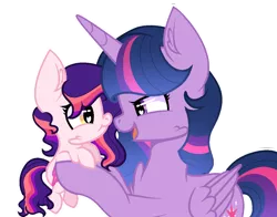 Size: 1138x891 | Tagged: safe, artist:crazyaya, artist:firegalaxysparkle, derpibooru import, twilight sparkle, twilight sparkle (alicorn), oc, oc:neutron star, alicorn, pony, baby, baby pony, base used, duo, female, holding a pony, image, looking at each other, magical lesbian spawn, mother and child, mother and daughter, offspring, parent:princess celestia, parent:twilight sparkle, parents:twilestia, png, simple background, transparent background