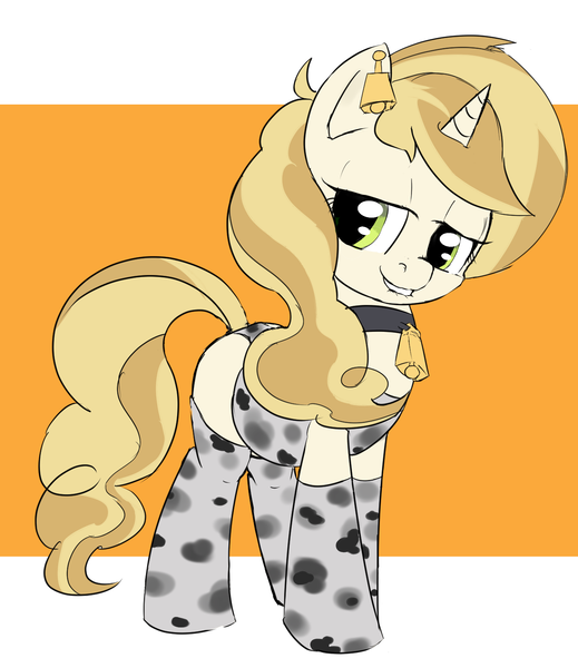 Size: 1312x1516 | Tagged: safe, alternate version, artist:ponerino, derpibooru import, sweet biscuit, pony, unicorn, bedroom eyes, bell, bell collar, clothes, collar, colored, cowbell, cowprint, digital art, ear piercing, earring, image, jewelry, leather, lip bite, looking at you, piercing, png, socks, thigh highs