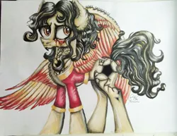 Size: 1024x790 | Tagged: semi-grimdark, alternate version, artist:maryhoovesfield, derpibooru import, oc, unofficial characters only, pegasus, pony, blood, clothes, crying, ear fluff, frown, image, jpeg, pegasus oc, signature, solo, tears of blood, traditional art, wings