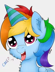 Size: 700x900 | Tagged: safe, artist:thatfamouspony, derpibooru import, rainbow dash, pegasus, pony, bust, cheek fluff, chest fluff, ear fluff, hat, heart eyes, image, open mouth, party hat, png, portrait, rainbow dash day, rainbow dash's birthday, solo, tongue out, wingding eyes