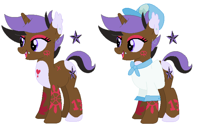 Size: 664x410 | Tagged: safe, artist:acuteexposure, artist:strawberry-spritz, derpibooru import, oc, oc:glooming seas, unofficial characters only, pony, unicorn, icey-verse, base used, clothes, ear piercing, earring, eyeshadow, fangs, female, hat, image, jewelry, lip piercing, makeup, mare, markings, navy, offspring, open mouth, parent:lilymoon, parent:pipsqueak, parents:lilysqueak, piercing, png, sailor, sailor uniform, shirt, simple background, solo, tattoo, transparent background, uniform