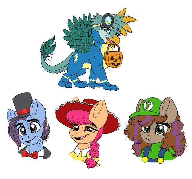 Size: 1164x1087 | Tagged: safe, artist:celestial-rainstorm, derpibooru import, oc, oc:gavin, oc:pippin, oc:pixel stream, oc:proud skies, earth pony, gryphon, pegasus, pony, clothes, colt, costume, female, filly, image, jessie (toy story), jpeg, luigi, male, nightmare night costume, offspring, parent:apple bloom, parent:button mash, parent:rumble, parent:scootaloo, parent:sweetie belle, parent:tender taps, parents:gabbus, parents:rumbloo, parents:sweetiemash, parents:tenderbloom, simple background, white background