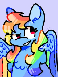 Size: 768x1024 | Tagged: safe, artist:simple24fox, derpibooru import, rainbow dash, pegasus, pony, alternate design, blue background, bust, colored wings, image, kidcore, multicolored wings, png, rainbow wings, simple background, solo, wings