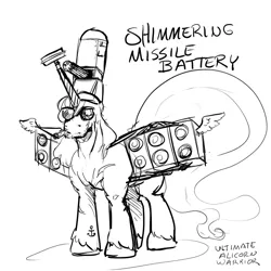 Size: 900x900 | Tagged: safe, artist:aphexangel, derpibooru import, oc, oc:shimmering missile battery, alicorn, pony, alicorn oc, buff, cigar, crown, ethereal tail, horn, image, jewelry, missile launcher, muscles, phalanx, png, radar, regalia, small wings, sunglasses, tattoo, what has science done, wings