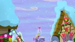 Size: 1280x720 | Tagged: safe, derpibooru import, screencap, hearthbreakers, background, christmas, christmas lights, hearth's warming, hearth's warming decorations, holiday, image, no pony, png, ponyville, scenic ponyville, snow, snowfall, twilight's castle, winter, wreath