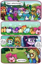 Size: 1280x1949 | Tagged: safe, artist:candyclumsy, derpibooru import, idw, applejack, fluttershy, pinkie pie, rainbow dash, rarity, sci-twi, sunset shimmer, twilight sparkle, equestria girls, equestria girls series, festival filters, spoiler:comic, spoiler:comic32, spoiler:eqg series (season 2), apple, apple pinkie, comic, female, food, humane five, humane seven, humane six, image, jpeg, pinkie being pinkie, race swap, species swap