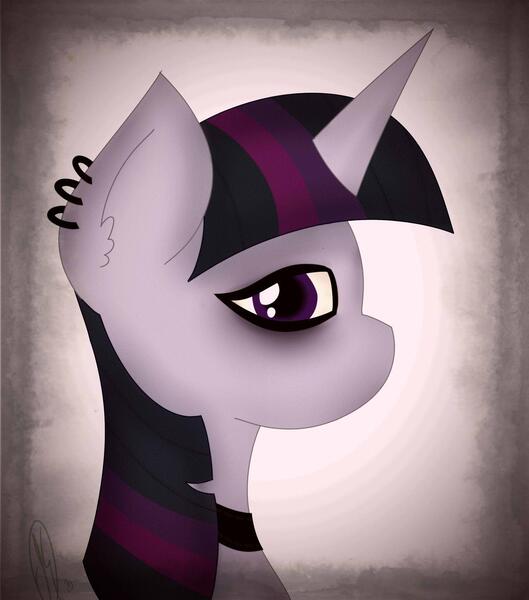 Size: 1280x1453 | Tagged: safe, artist:embermare, artist:emberstoneeqf, derpibooru import, twilight sparkle, alicorn, bust, choker, collar, goth, image, jpeg, piercing, portrait, solo