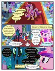 Size: 612x792 | Tagged: safe, artist:newbiespud, derpibooru import, edit, edited screencap, screencap, applejack, bon bon, bruce mane, carrot top, eclair créme, fine line, golden harvest, jangles, linky, masquerade, maxie, north star, princess cadance, queen chrysalis, rarity, shoeshine, sweetie drops, changeling, changeling queen, pony, comic:friendship is dragons, a canterlot wedding, angry, background pony audience, clothes, comic, dialogue, dress, eyelashes, eyes closed, female, floral head wreath, flower, hoof shoes, image, injured, male, mare, messy mane, mind control, png, raised hoof, screencap comic, shadow, stallion, wide eyes