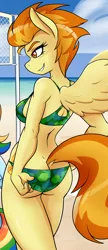 Size: 1472x3407 | Tagged: suggestive, artist:ambris, derpibooru import, edit, spitfire, anthro, pegasus, pony, adorasexy, beach, bicolor swimsuit, bikini, breasts, butt, camouflage, clothes, cropped, cute, cutefire, female, firebutt, green swimsuit, image, mare, png, sexy, smiling, solo, solo female, stupid sexy spitfire, swimsuit