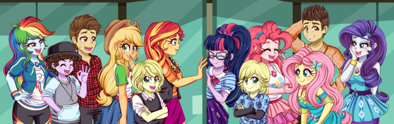 Size: 4750x1500 | Tagged: safe, artist:lucy-tan, derpibooru import, applejack, fluttershy, pinkie pie, rainbow dash, rarity, sci-twi, sunset shimmer, twilight sparkle, equestria girls, canterlot high, clothes, commission, crossover, disney, equestria girls-ified, female, glasses, humane five, humane seven, humane six, icarly, image, kids, male, nickelodeon, png, the suite life of zack and cody