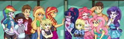 Size: 4750x1500 | Tagged: safe, artist:lucy-tan, derpibooru import, applejack, fluttershy, pinkie pie, rainbow dash, rarity, sci-twi, sunset shimmer, twilight sparkle, equestria girls, canterlot high, clothes, commission, crossover, disney, equestria girls-ified, female, glasses, humane five, humane seven, humane six, icarly, image, kids, male, nickelodeon, png, the suite life of zack and cody