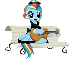 Size: 3601x2794 | Tagged: safe, alternate version, anonymous artist, derpibooru import, rainbow dash, pegasus, pony, equestria girls, equestria girls series, rollercoaster of friendship, .svg available, 1950s, 1950s rainbow dash, alternate hairstyle, background removed, bench, bow, clothes, derpibooru exclusive, dress, equestria girls outfit, eyelashes, female, foal house, guitar, hair bow, image, lipstick, mare, musical instrument, open mouth, png, poodle skirt, simple background, sitting, smiling, solo, transparent background, vector