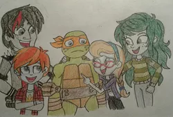 Size: 1439x970 | Tagged: safe, artist:jebens1, derpibooru import, bright eyes, lancer, wallflower blush, oc, oc:blade swipe, equestria girls, encouragement, equestria girls-ified, image, jpeg, michelangelo, singing, song in the description, teenage mutant ninja turtles